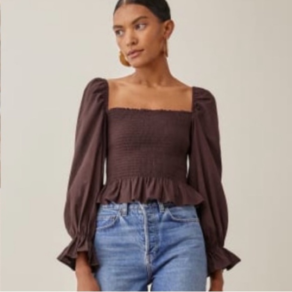 Reformation Darby Top Smocked Long Sleeve Peplum Hem Cafe Brown Size M